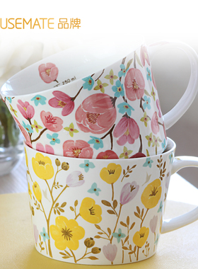 带杯柄杯子陶瓷马克杯咖啡杯家用茶杯水杯带刻度泡奶杯宝宝牛奶杯