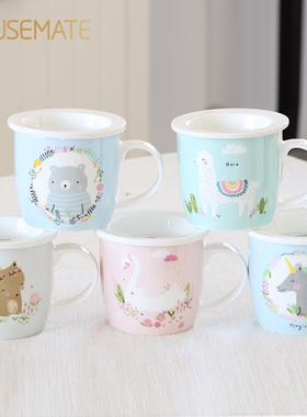 陶瓷杯马克杯儿童泡奶杯牛奶杯带盖咖啡杯可爱动物带刻度