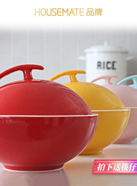 ins风餐具烤箱专用碗陶瓷大碗带盖日本拉面碗烤箱专用碗带盖小碗