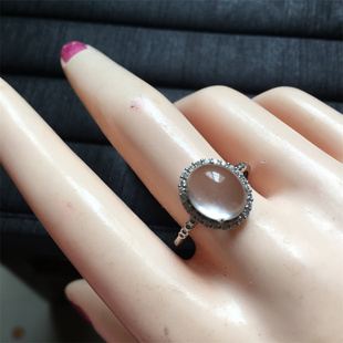 高品质荧光天然水沫玉蛋面戒指活扣圈子S925银镶玉戒指女款保真