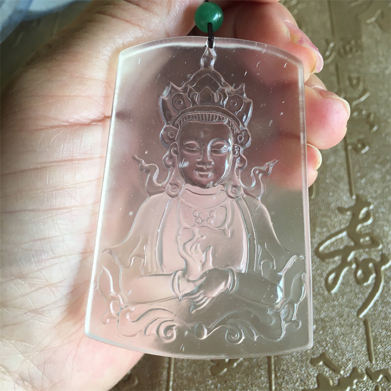 缅甸天然水沫玉度母观音牌吊坠高冰干净水沫 玉方牌子手工雕度母