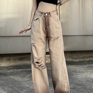 复古高腰卡其色牛仔裤女夏季高街破洞长裤宽松直筒阔腿裤子ins潮