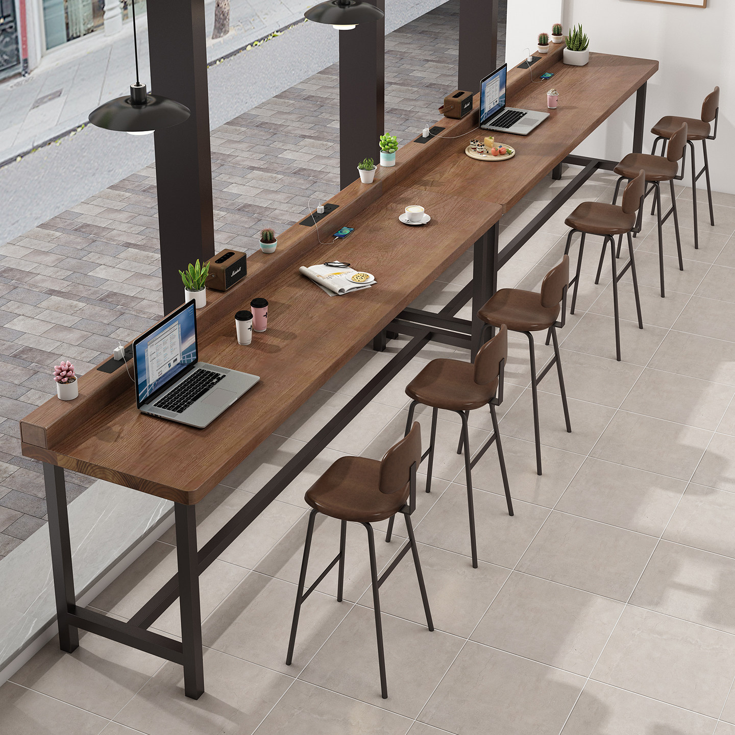 实木带插座吧台桌靠窗家用休闲高脚桌椅奶茶咖啡店长条桌子酒吧台