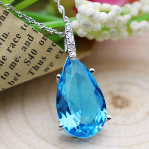 日韩S925纯银镀天然托帕石吊坠蓝水晶宝石水滴锁骨项坠项链耳环女