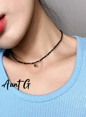 G阿姨黑水晶爱心锁骨链choker短款项链小众设计感佩饰个性时尚潮