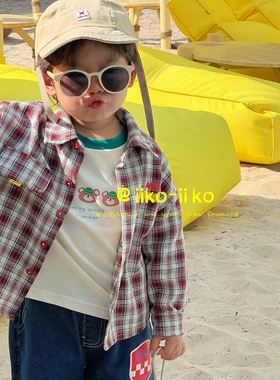 Iiko韩范童装秋装格子衬衫春秋装新款宝宝时髦百搭帅气套装长袖