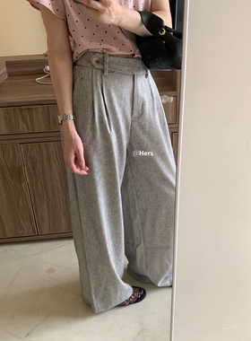 Hers高腰阔腿西装裤女夏季气质宽松垂感拖地裤白色显瘦裤子9439