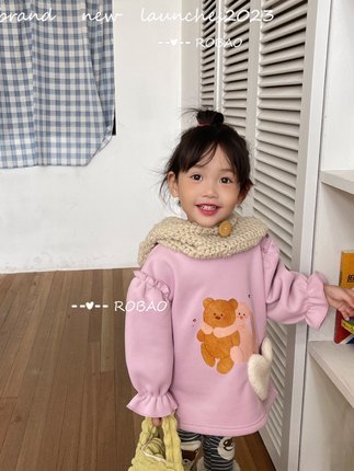 Rb肉宝女童加绒卫衣秋冬款纯棉带帽卡通宝宝一体绒保暖中长款套装