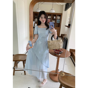 长裙25037 one爱望连衣裙方领超显瘦拼接高端精致气质超显瘦短袖