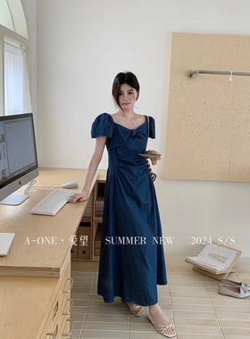 A-one一字肩法式高端方领精致短袖修身显瘦收腰高弹力连衣裙24162