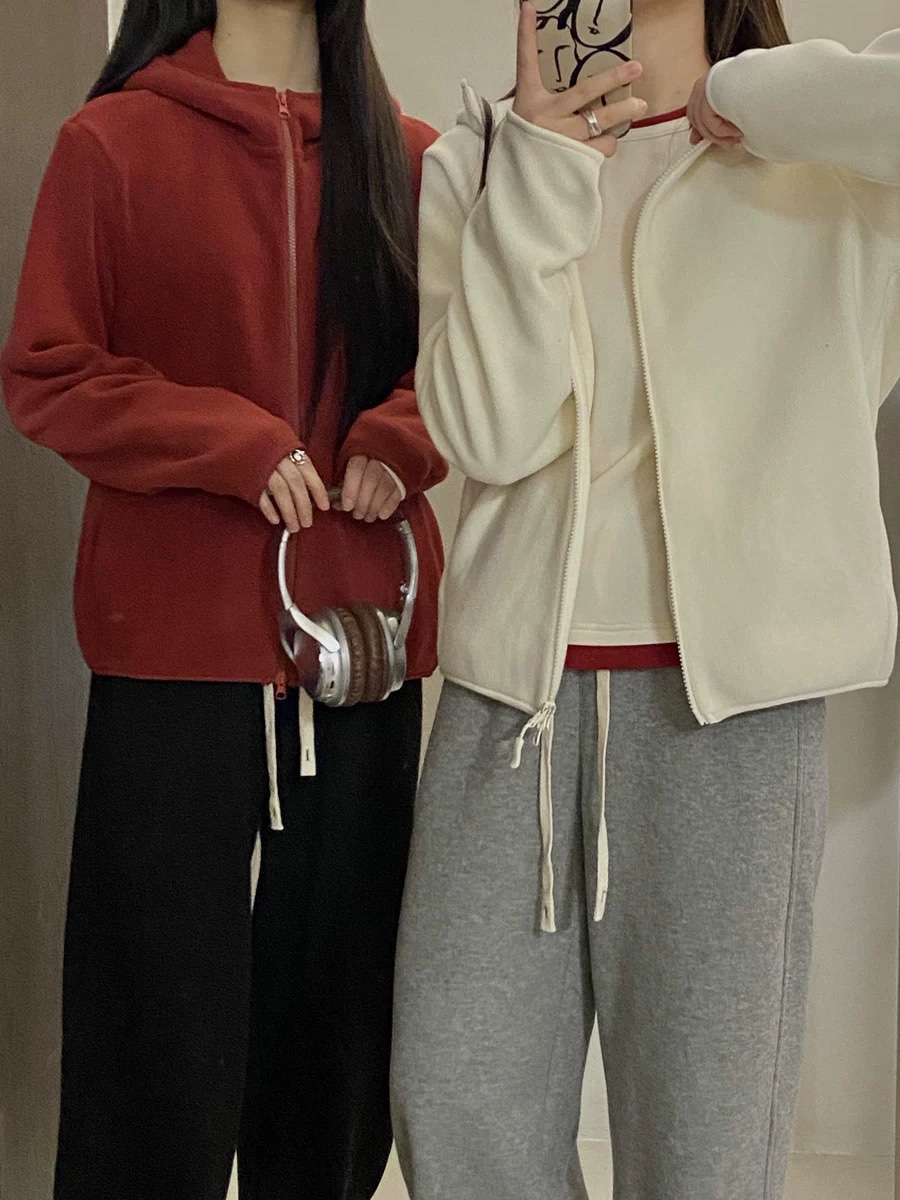 柒外L712秋冬新款极简约风摇粒绒防风厚亲肤柔软细腻带帽外套上衣