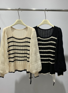 素夏SUSA春秋拼接条纹假两件针织衫女洋气甜美泡泡袖毛衣潮88565