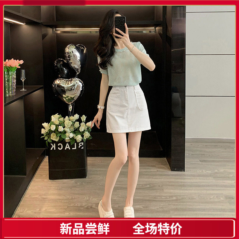 女装夏季套装2025新款爆款高级钉珠针织短袖上衣百搭白色牛仔短裙