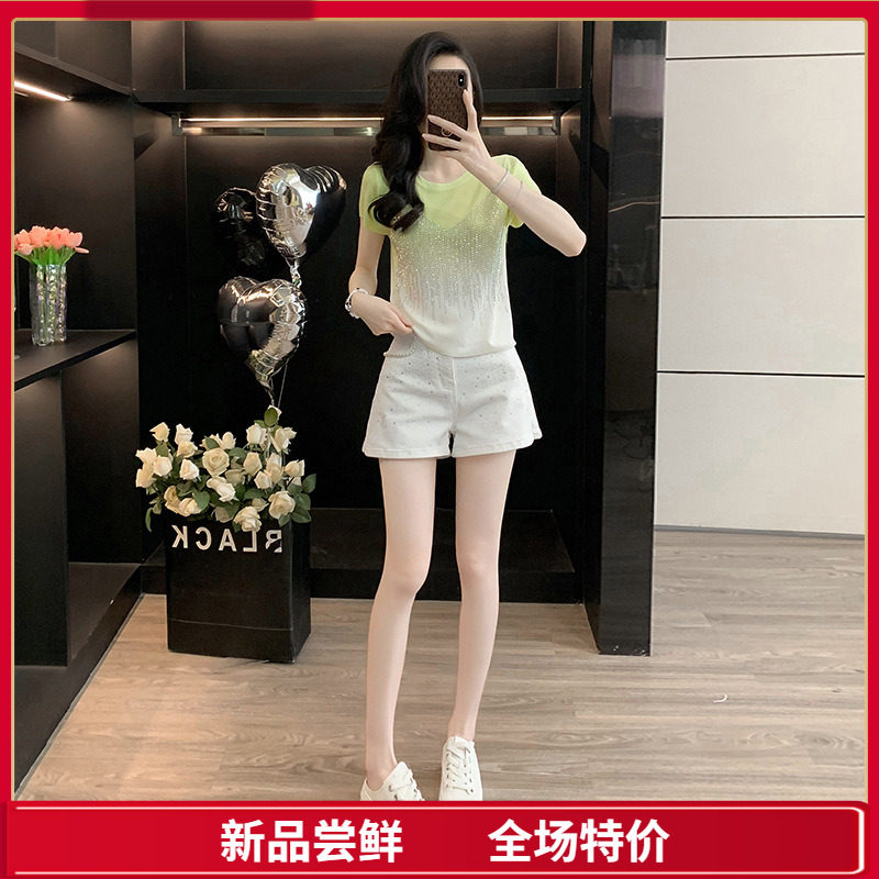 夏季穿搭小众ins女装高级感烫钻短袖针织上衣服女装钉珠牛仔短裤