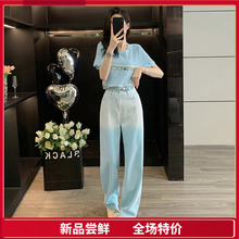 女装夏季套装2025新款爆款洋气短款显瘦短袖针织衫上衣渐变直筒裤
