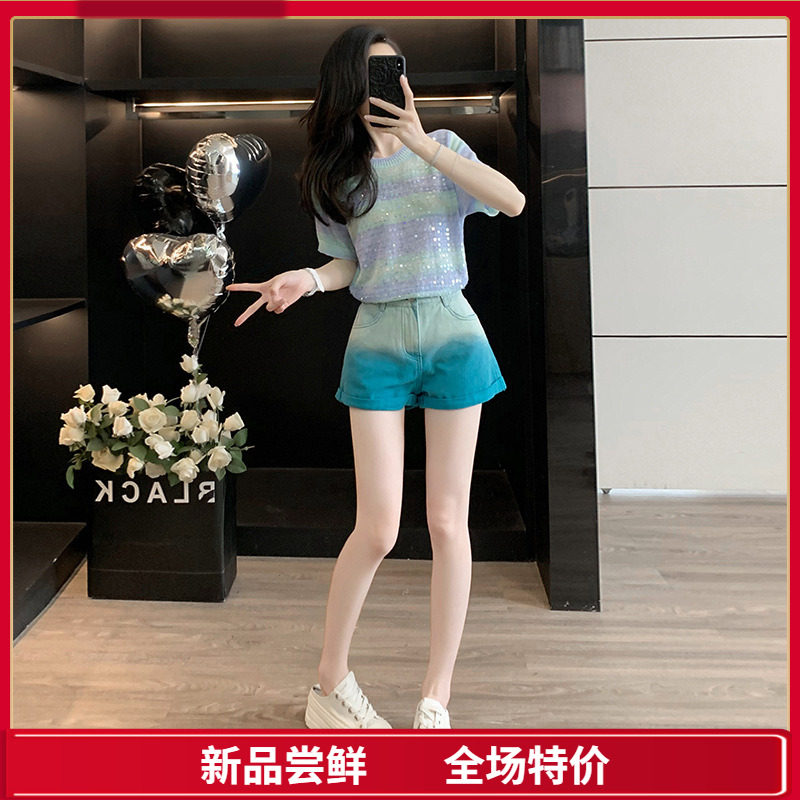 夏季女装套装洋气减龄显瘦亮片针织短袖上衣百搭休闲晕染牛仔短裤