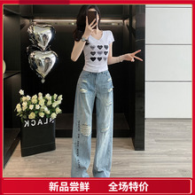 女装2025新款爆款洋气短款印花短款正肩上衣高腰破洞直筒牛仔裤子