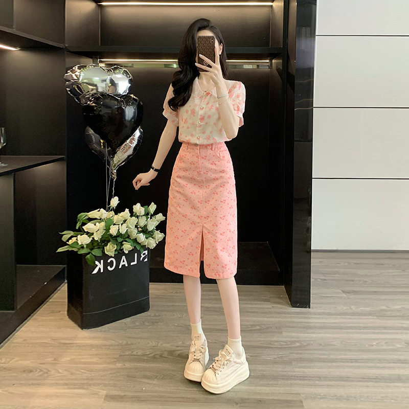 时尚套裙女装夏小众设计感短袖雪纺衬衫牛仔宽松粉色半身裙