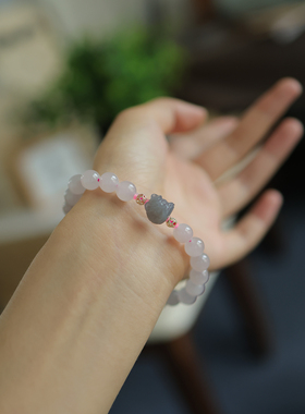 天然和田玉 8mm藕粉手串+和田玉配珠 醒狮 货号6679