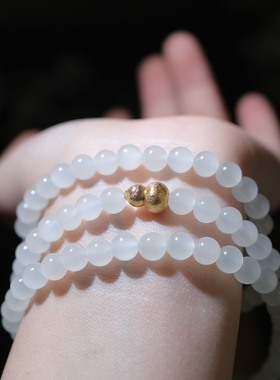 天然和田玉6mm冰白起萤光圆珠多圈精致百搭   货号16129