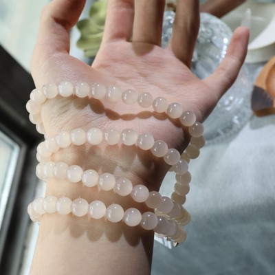 天然和田玉藕粉猫眼8mm圆珠多圈毕业级  货号:16699售价：16000元