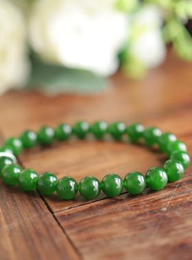 天然8mm和田玉菠菜绿圆珠单圈 简约传统新中式精美手串 货号15757