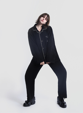 MONBLACK 黑色刺绣休闲宽松OVERSIZE毛巾外穿休闲睡衣套装