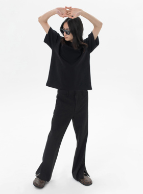 MONBLACK 黑色立体剪裁微喇直筒开衩西裤