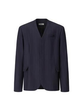 MONBLACK 无领暗条纹宽松垫肩隐藏单排扣羊毛西装外套