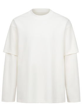 MONBLACK 基础款黑白纯色假两件开衩下摆时尚简约设计师长袖圆领T