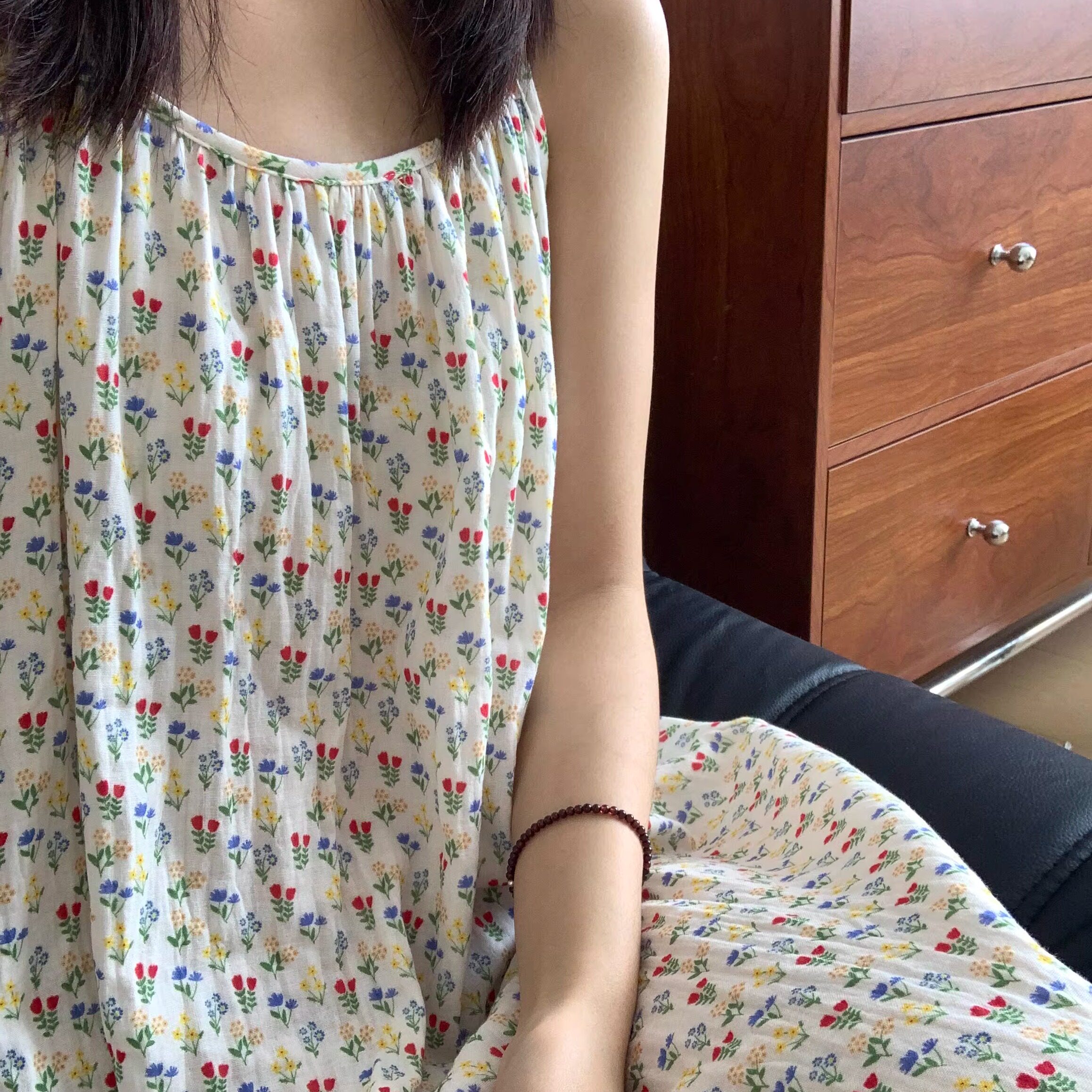 夏季新款甜美可爱印花吊带睡裙女100%纯棉纱布中长款睡衣裙家居服图片