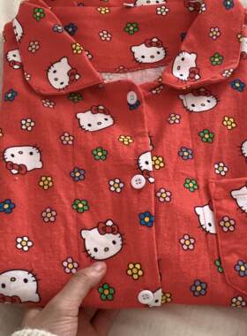 A类100%全棉磨毛睡衣套装女春季新款红色甜莓猫猫家居服可外穿