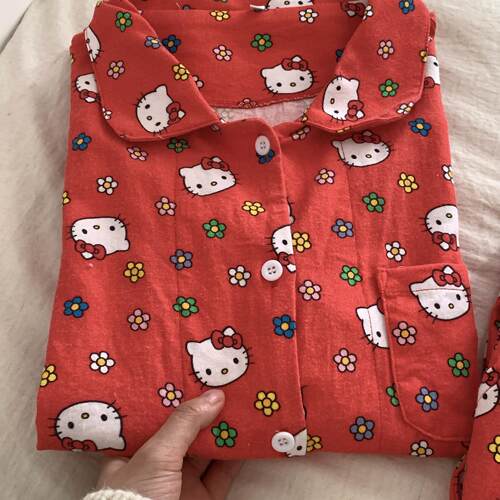 A类100%全棉磨毛睡衣套装女春季新款红色甜莓猫猫家居服可外穿