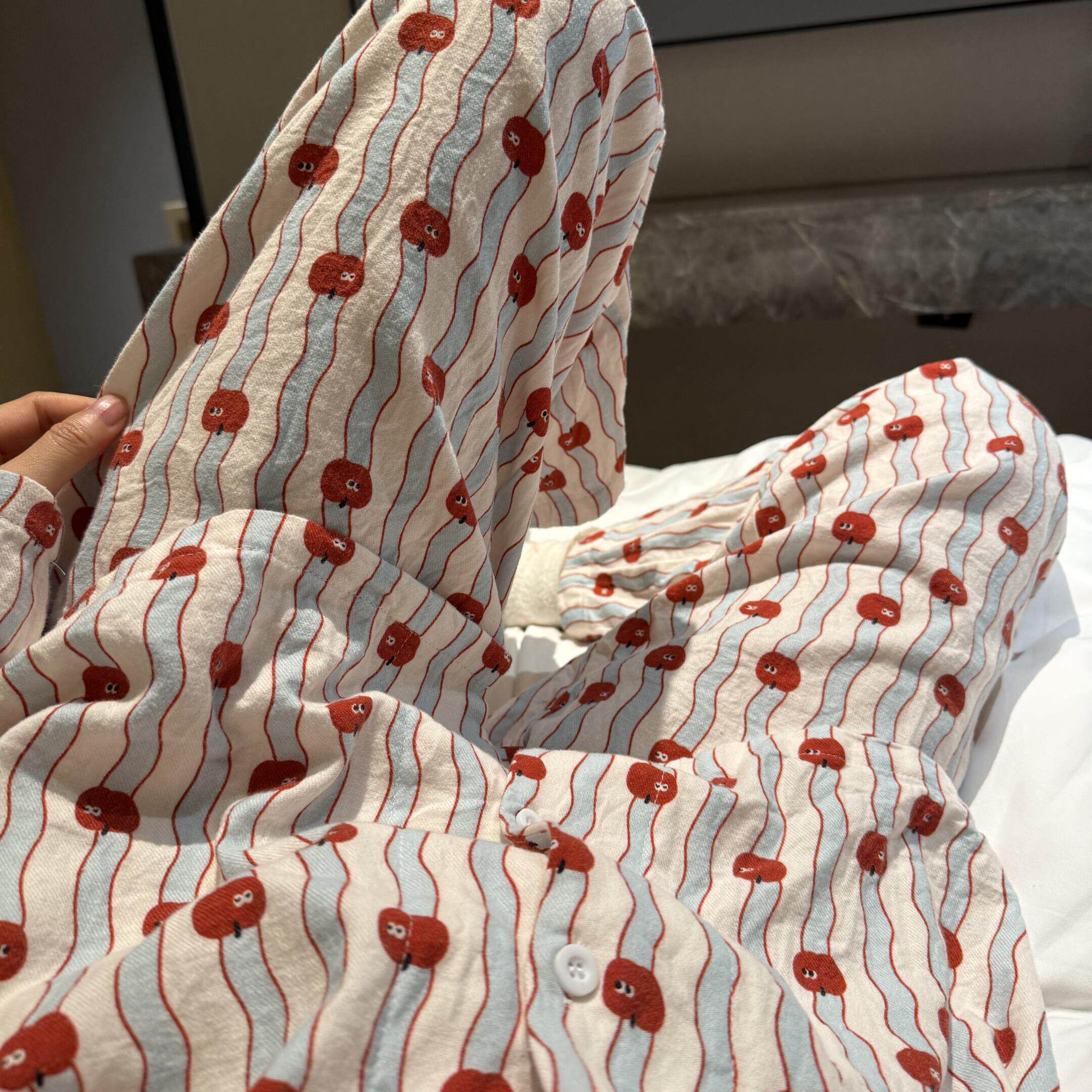 纯棉！蓝条纹苹果睡衣女长袖长裤可爱卡通家居服套装少女心可外穿