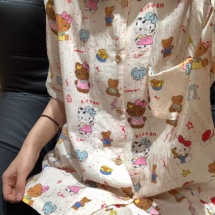 夏季新品~A类全棉双层纱复古黑皮猫猫翻领短袖短裤睡衣套装家居服
