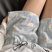 有口袋 可外穿居家睡裤 大白鹅 可爱卡通100%棉双层纱宽松舒适短裤