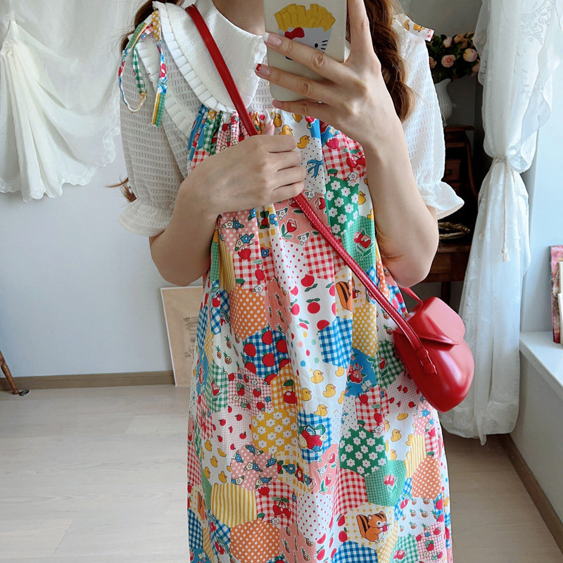 2023夏季新款花布拼色甜美文艺百搭连衣裙小清新纯棉吊带裙