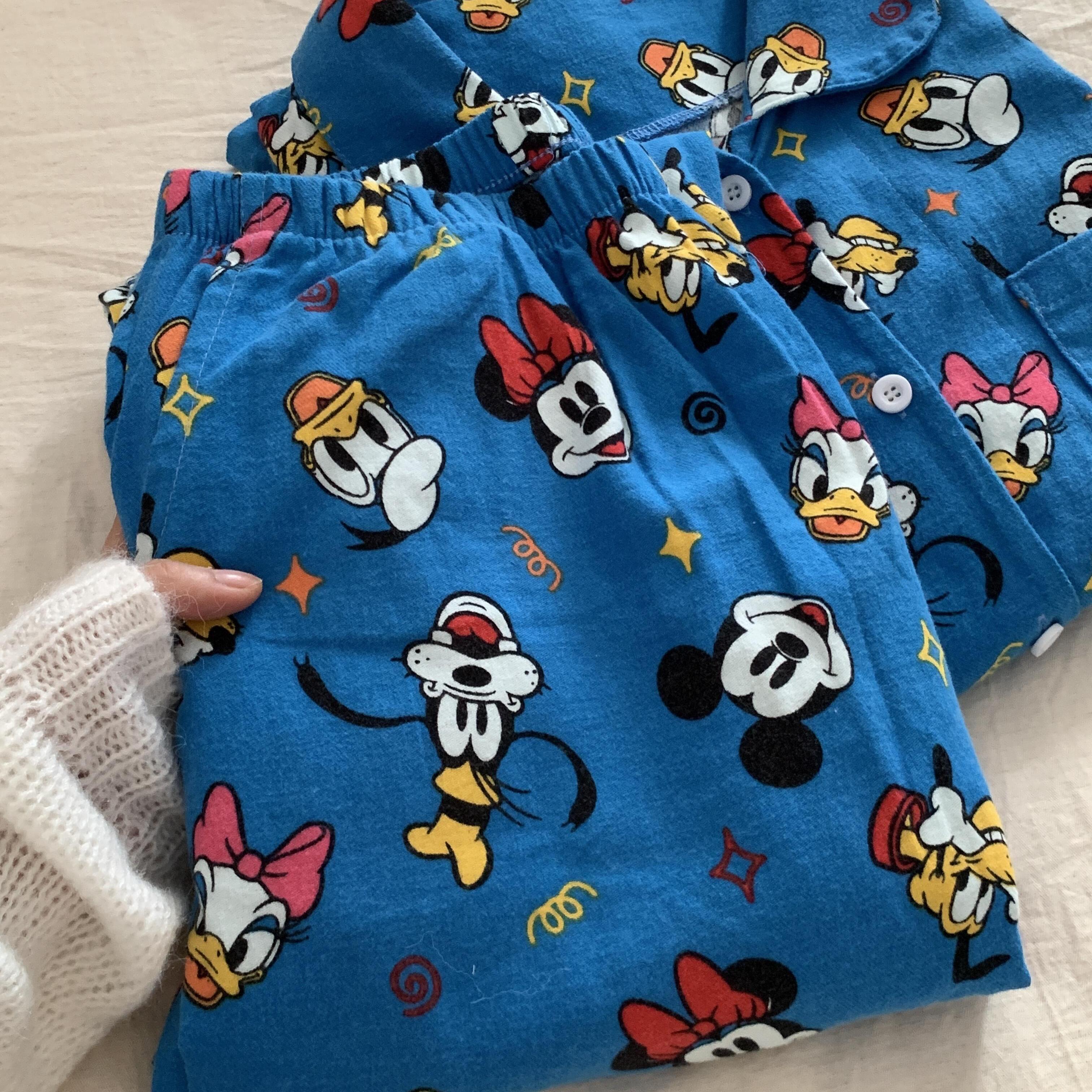 秋冬新款全棉磨毛小翻领长袖长裤睡衣女蓝底米奇家居服可外出