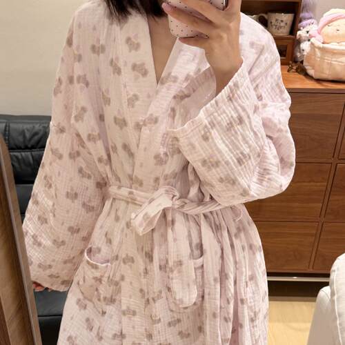 三层纱睡袍女长款卡通印花小象系带收腰家居棉纱亲肤浴袍