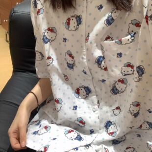 奶呼呼~全棉双层纱蓝波点猫猫翻领短袖短裤睡衣家居服套装可外穿