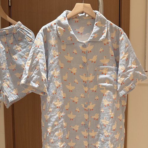 夏季100%翻领全棉双层纱短袖短裤棉纱家居服纯棉可爱薄款睡衣套装