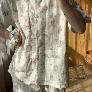 可爱开衫 新品 套装 长裤 翻领休闲家居服 美乐蒂A类纯棉双层纱短袖