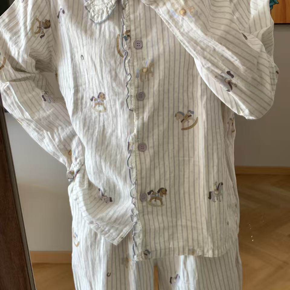 新品！卡通可爱木马人纯棉双层纱花边长袖睡衣女秋季家居服套装图片