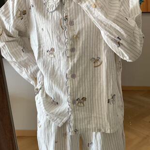 新品！卡通可爱木马人纯棉双层纱花边长袖睡衣女秋季家居服套装