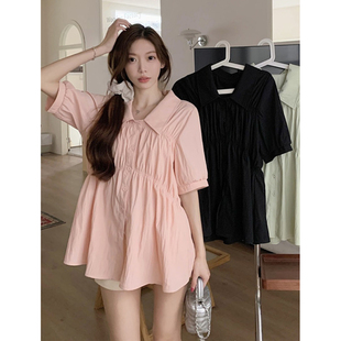 速发大码夏季荷叶边娃娃衫上衣腰款肚遮子收新正肩