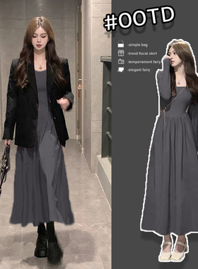 速发长袖连衣裙赫本风穿搭高级领裙子秋装年022新款装方感长裙