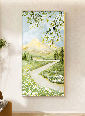 速发风玄关装饰感绿色靠清新入户走廊挂画肌理画背有小山过道壁画