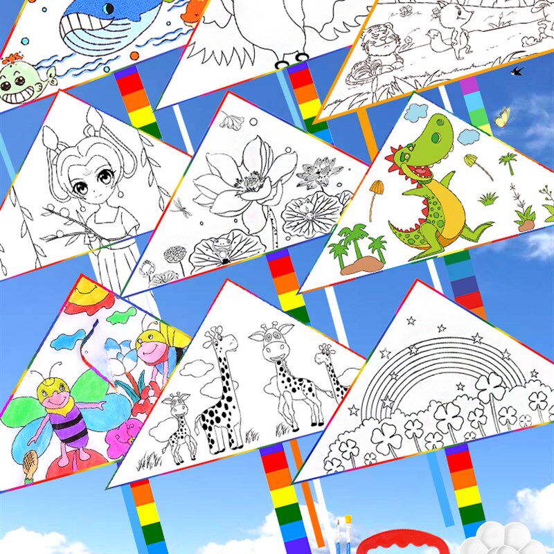 速发202风新款手工风筝材料包自制儿童微年易飞画绘手空白涂鸦大