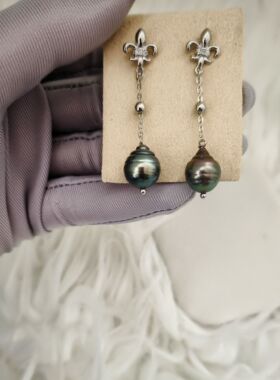 天然海水大溪地混彩铂金灰巴洛克黑珍珠鸢尾花耳坠女 一物一图