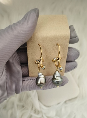 天然海水大溪地螺纹大点位黑拌彩铂金灰熔岩珍珠耳挂耳钩耳环女